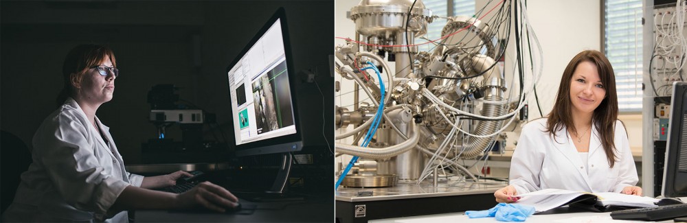 Dwa zestawione zdjęcia, na obu pracownicy naukowi (kobiety) w laboratoriach